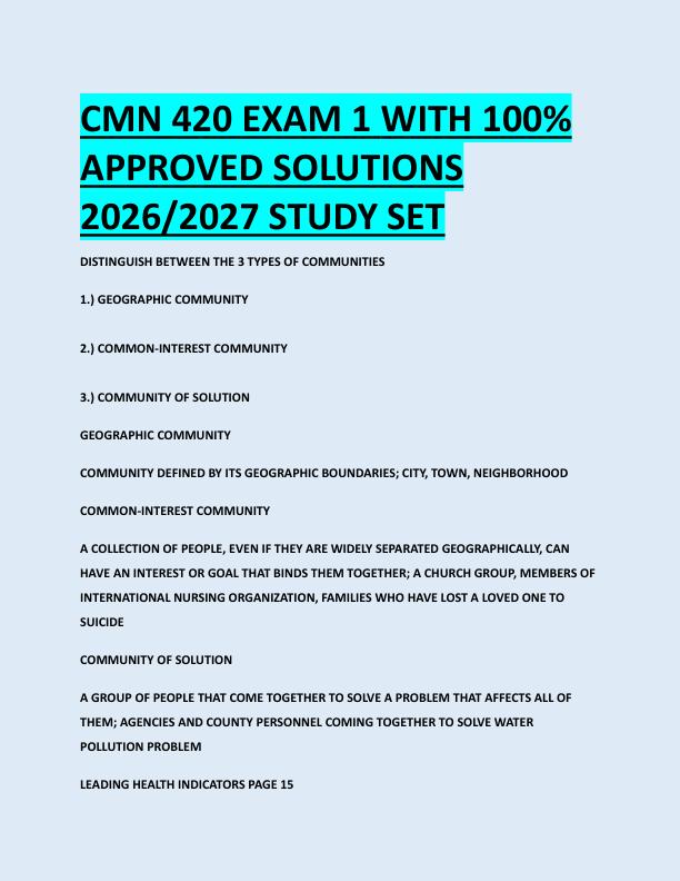 CMN 420 EXAM 1 WITH 100%  APPROVED SOLUTIONS  2026/2027 STUDY SET 