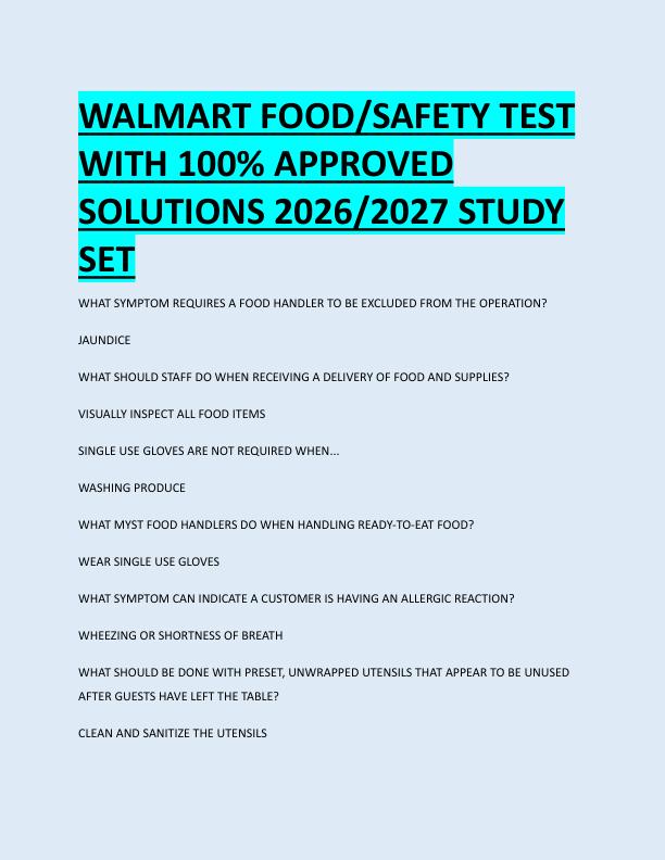 WALMART FOOD/SAFETY TEST  WITH 100% APPROVED  SOLUTIONS 2026/2027 STUDY  SET WALMART FOOD/SAFETY TEST  WITH 100% APPROVED  SOLUTIONS 2026/2027 STUDY  SET 