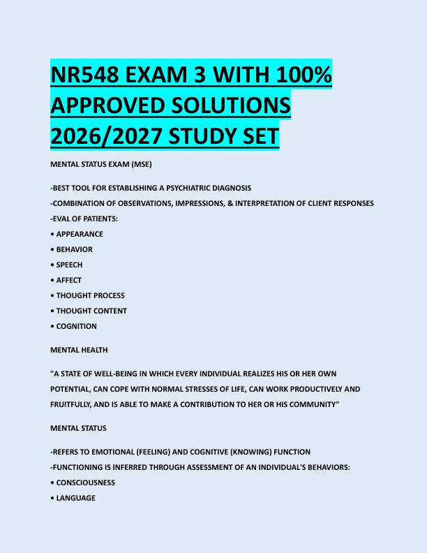 NR548 EXAM 3 WITH 100%  APPROVED SOLUTIONS  2026/2027 STUDY SET 