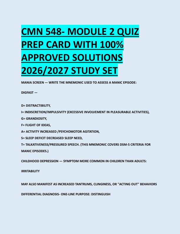 CMN 548- MODULE 2 QUIZ  PREP CARD WITH 100%  APPROVED SOLUTIONS  2026/2027 STUDY SET 