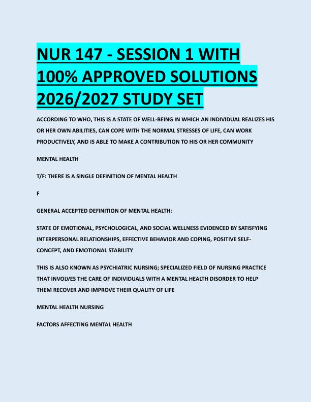 NUR 147 - SESSION 1 WITH  100% APPROVED SOLUTIONS  2026/2027 STUDY SET 