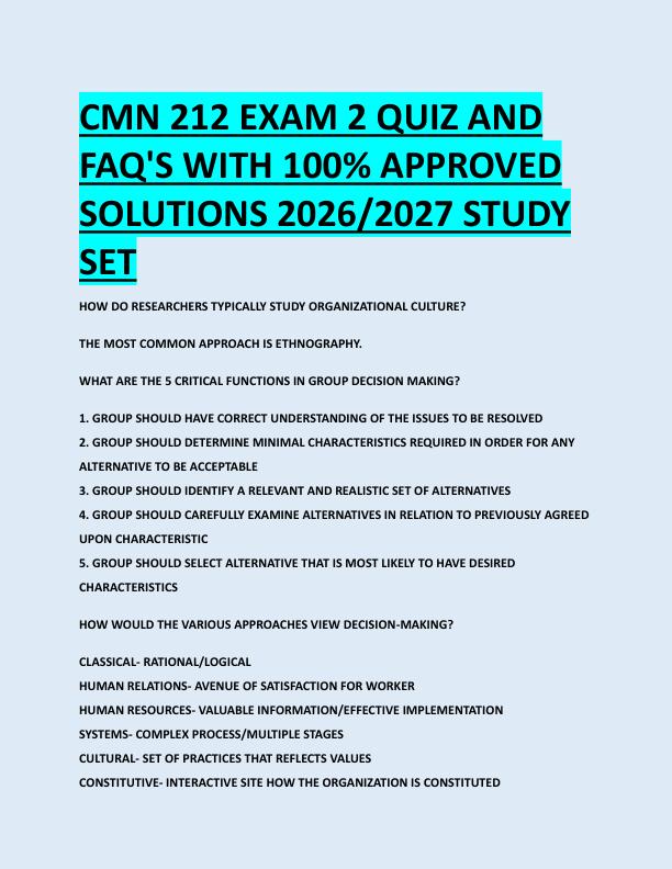 CMN 212 EXAM 2 QUIZ AND  FAQ'S WITH 100% APPROVED  SOLUTIONS 2026/2027 STUDY  SET 