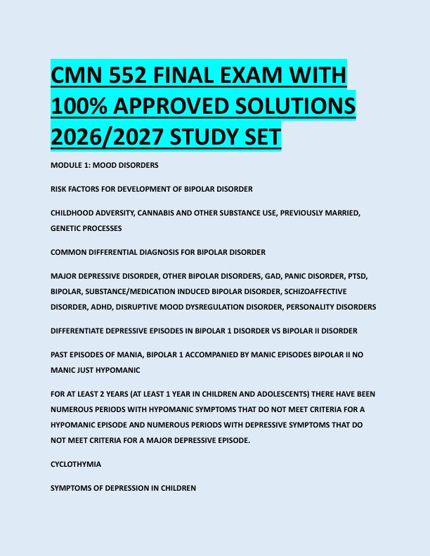CMN 552 FINAL EXAM WITH  100% APPROVED SOLUTIONS  2026/2027 STUDY SET 