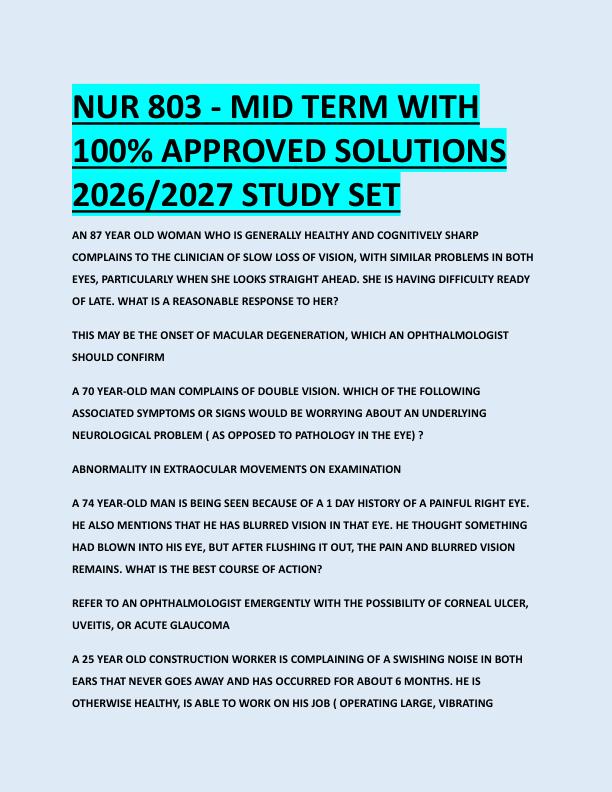 NUR 803 - MID TERM WITH  100% APPROVED SOLUTIONS  2026/2027 STUDY SET 