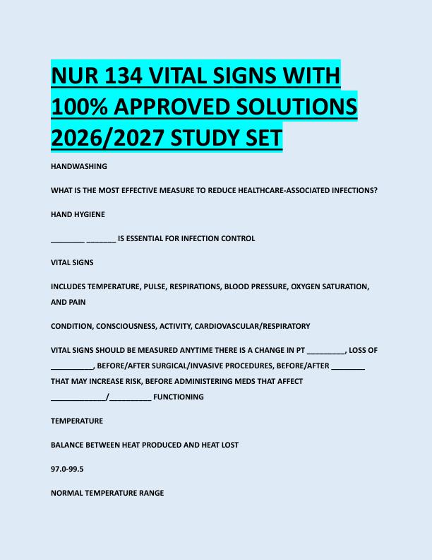 NUR 134 VITAL SIGNS WITH  100% APPROVED SOLUTIONS  2026/2027 STUDY SET 