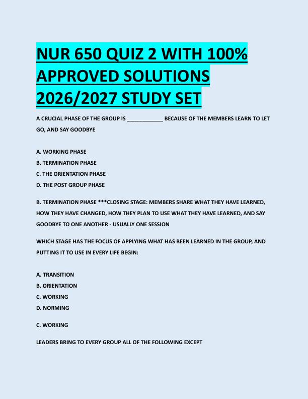 NUR 650 QUIZ 2 WITH 100%  APPROVED SOLUTIONS  2026/2027 STUDY SET 