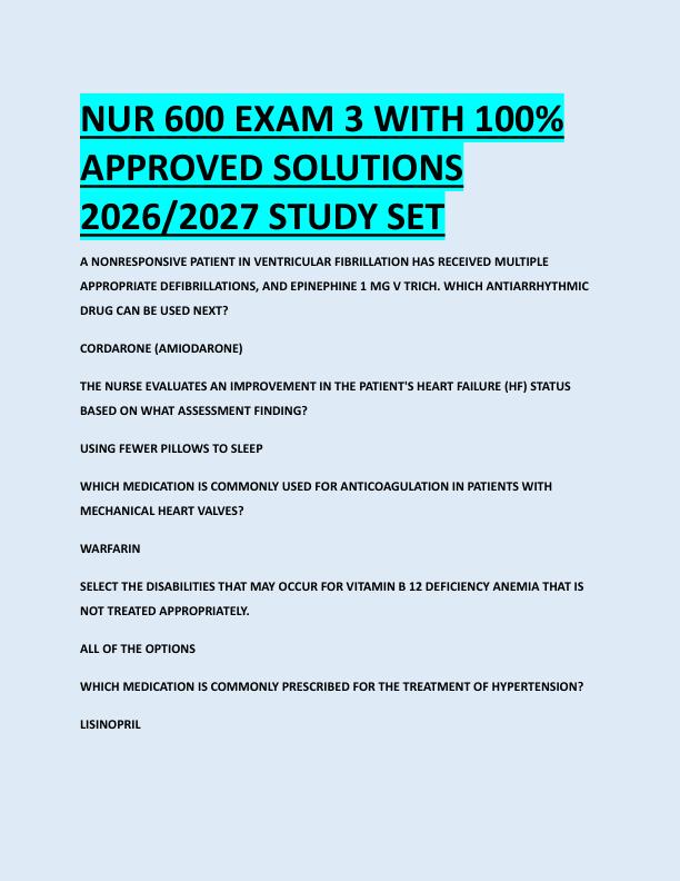 NUR 600 EXAM 3 WITH 100%  APPROVED SOLUTIONS  2026/2027 STUDY SET 