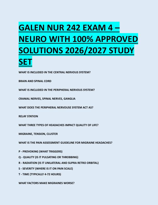 GALEN NUR 242 EXAM 4 –  NEURO WITH 100% APPROVED  SOLUTIONS 2026/2027 STUDY  SET 