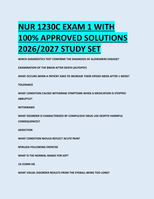 NUR 1230C EXAM 1 WITH  100% APPROVED SOLUTIONS  2026/2027 STUDY SET 
