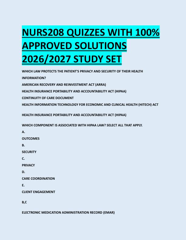 NURS208 QUIZZES WITH 100%  APPROVED SOLUTIONS  2026/2027 STUDY SET 