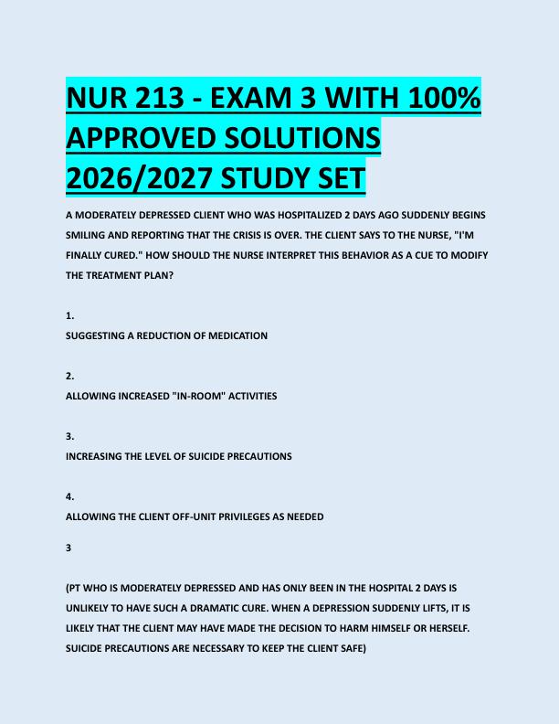 NUR 213 - EXAM 3 WITH 100%  APPROVED SOLUTIONS  2026/2027 STUDY SET 