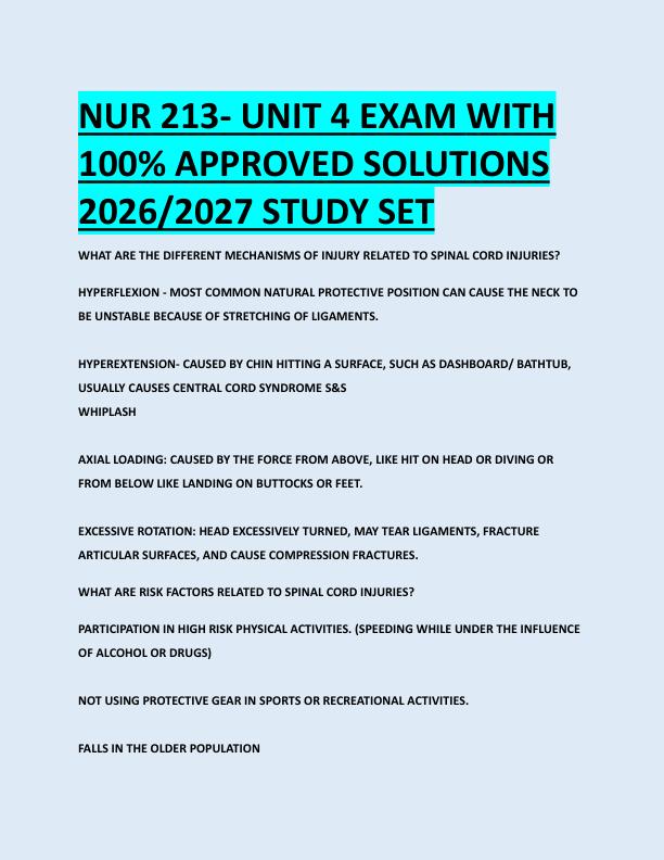 NUR 213- UNIT 4 EXAM WITH  100% APPROVED SOLUTIONS  2026/2027 STUDY SET 