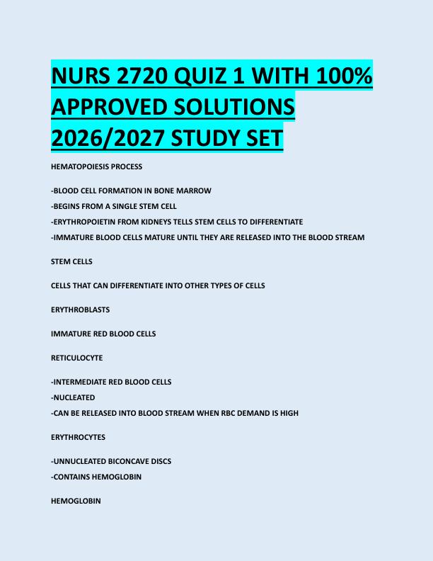 NURS 2720 QUIZ 1 WITH 100%  APPROVED SOLUTIONS  2026/2027 STUDY SET 