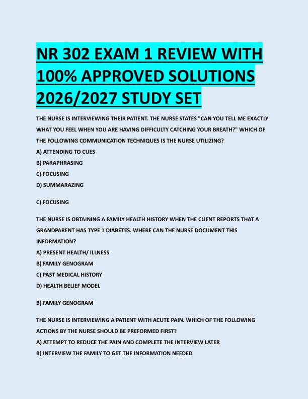 NR 302 EXAM 1 REVIEW WITH  100% APPROVED SOLUTIONS  2026/2027 STUDY SET 