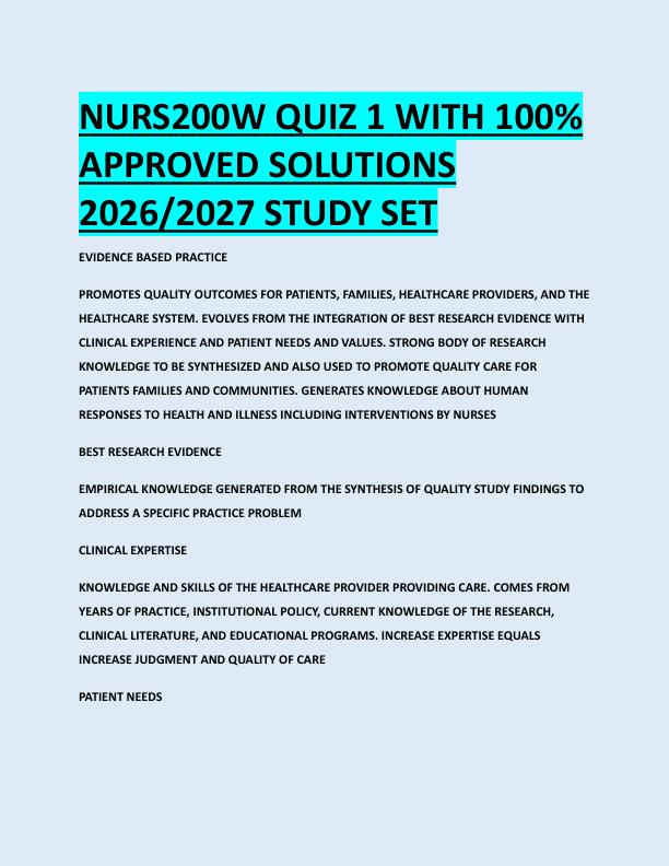 NURS200W QUIZ 1 WITH 100%  APPROVED SOLUTIONS  2026/2027 STUDY SET 