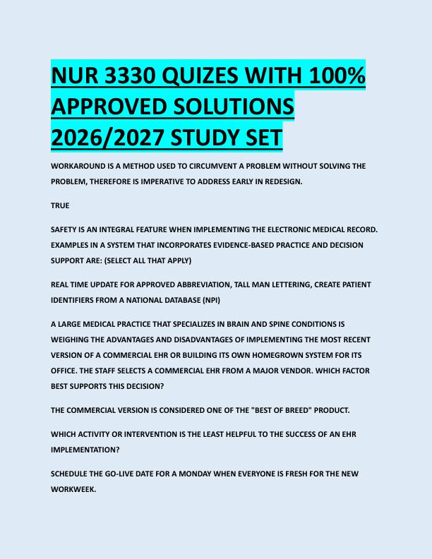 NUR 3330 QUIZES WITH 100%  APPROVED SOLUTIONS  2026/2027 STUDY SET 