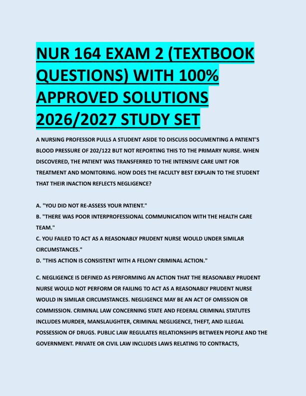 NUR 164 EXAM 2 (TEXTBOOK  QUESTIONS) WITH 100%  APPROVED SOLUTIONS  2026/2027 STUDY SET 