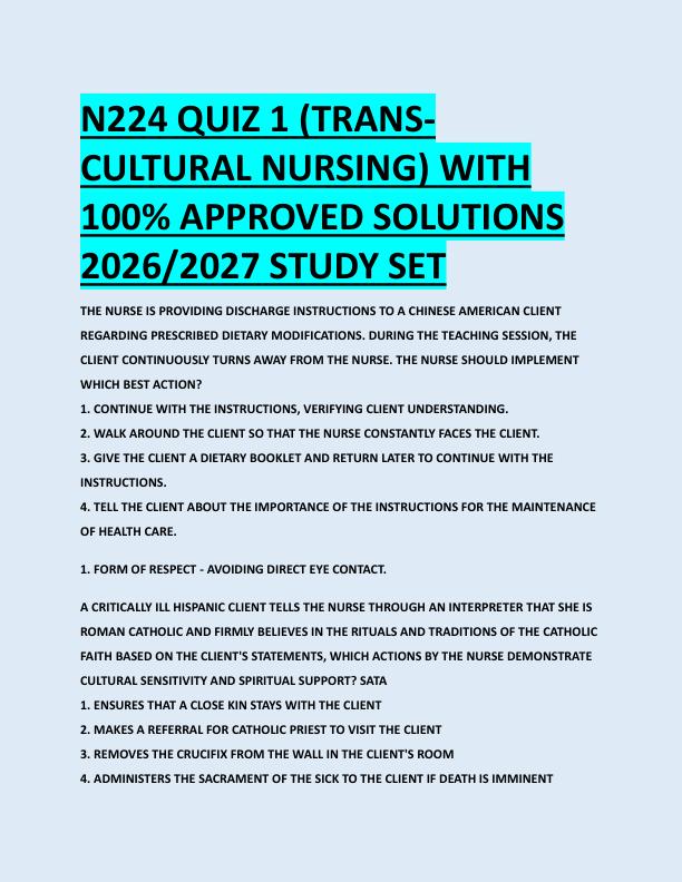 N224 QUIZ 1 (TRANS CULTURAL NURSING) WITH  100% APPROVED SOLUTIONS  2026/2027 STUDY SET 