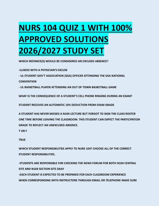 NURS 104 QUIZ 1 WITH 100%  APPROVED SOLUTIONS  2026/2027 STUDY SET 