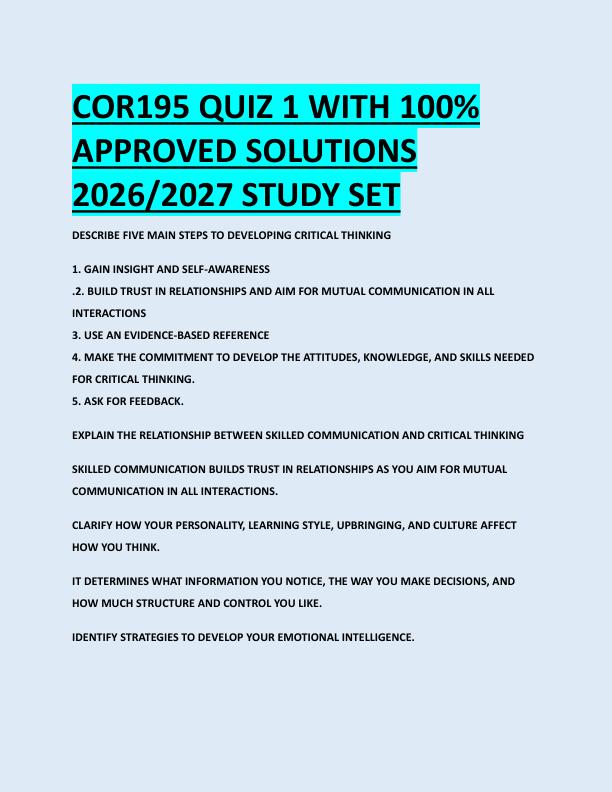 COR195 QUIZ 1 WITH 100%  APPROVED SOLUTIONS  2026/2027 STUDY SET 