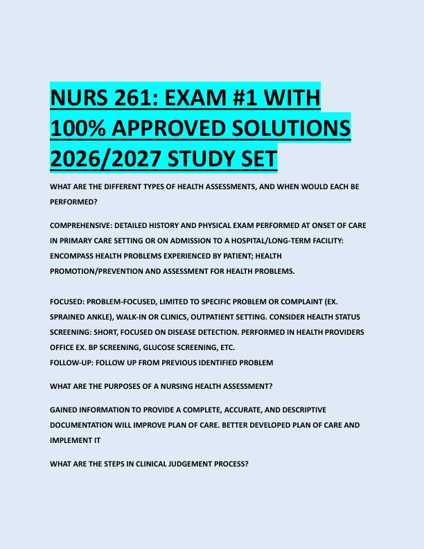 NURS 261: EXAM #1 WITH  100% APPROVED SOLUTIONS  2026/2027 STUDY SET 