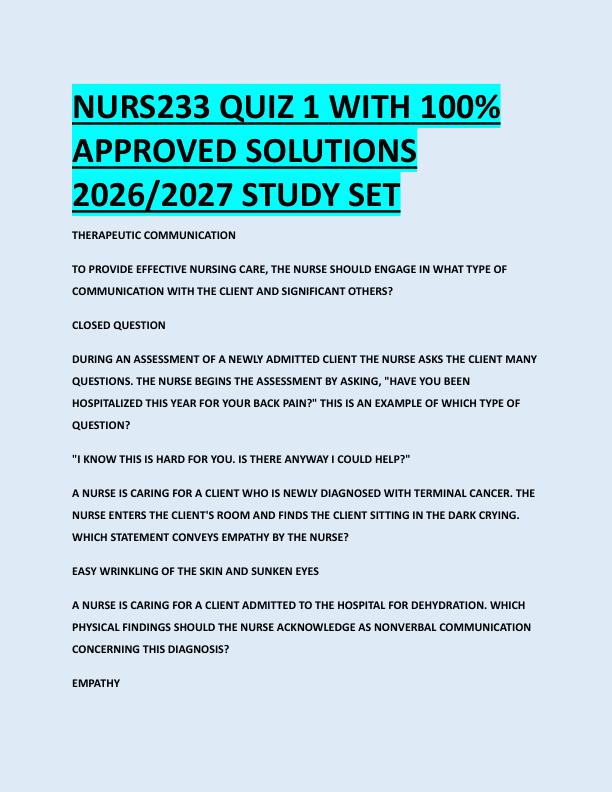 NURS233 QUIZ 1 WITH 100%  APPROVED SOLUTIONS  2026/2027 STUDY SET 