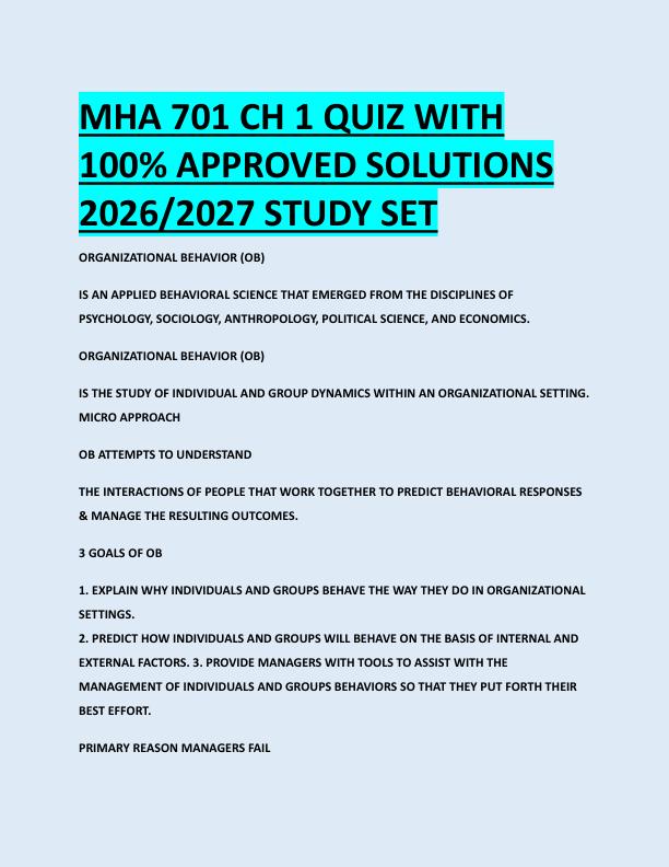 MHA 701 CH 1 QUIZ WITH  100% APPROVED SOLUTIONS  2026/2027 STUDY SET 