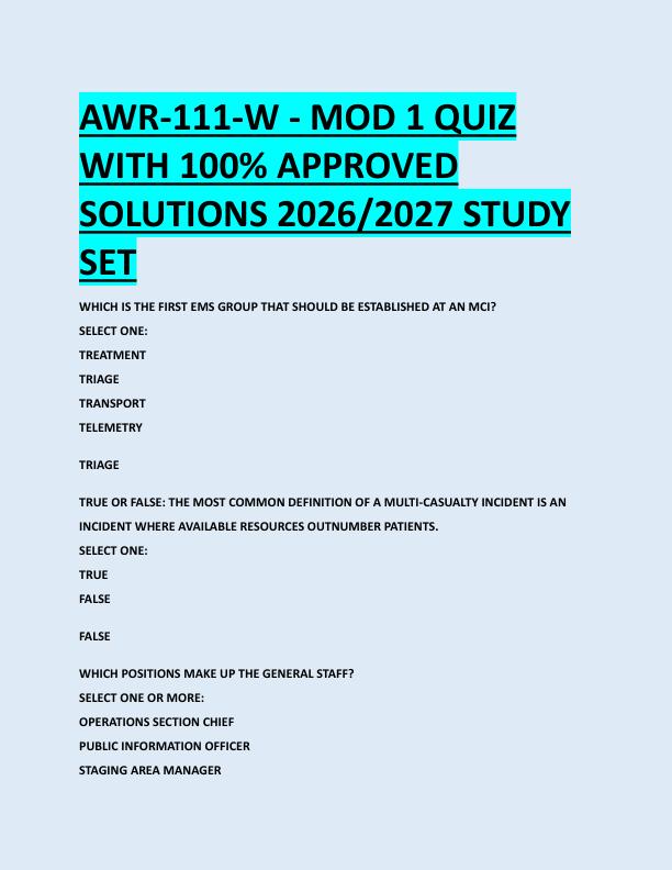 AWR-111-W - MOD 1 QUIZ  WITH 100% APPROVED  SOLUTIONS 2026/2027 STUDY  SET AWR-111-W - MOD 1 QUIZ  WITH 100% APPROVED  SOLUTIONS 2026/2027 STUDY  SET 