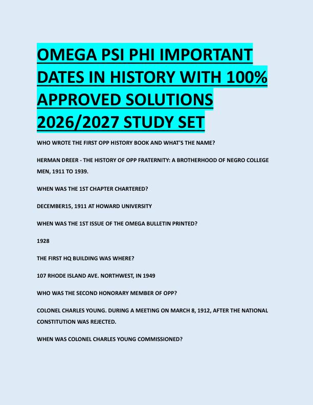 OMEGA PSI PHI IMPORTANT  DATES IN HISTORY WITH 100%  APPROVED SOLUTIONS  2026/2027 STUDY SET 
