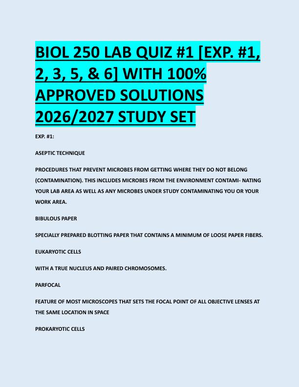 BIOL 250 LAB QUIZ #1 [EXP. #1,  2, 3, 5, & 6] WITH 100%  APPROVED SOLUTIONS  2026/2027 STUDY SET