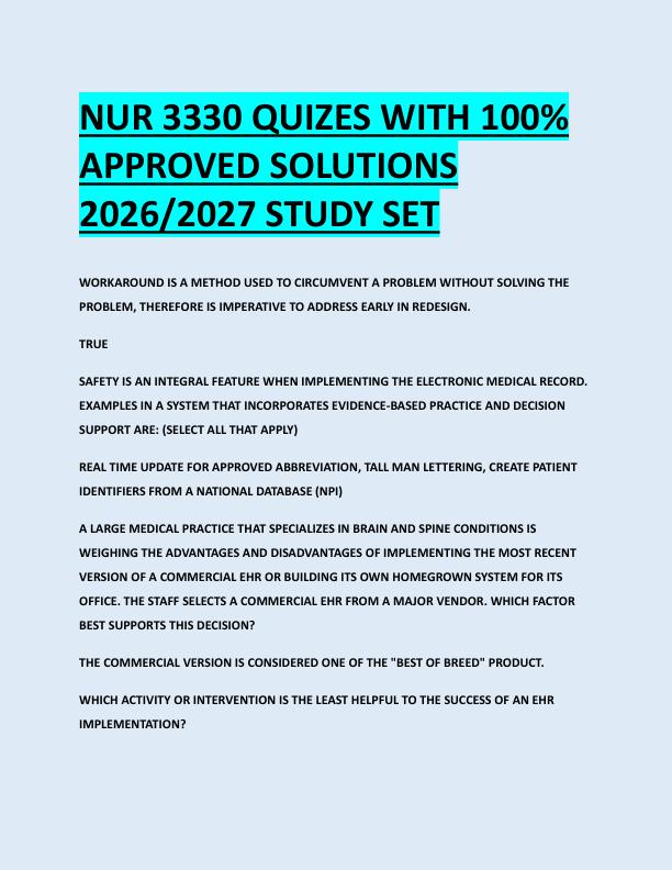 NUR 3330 QUIZES WITH 100%  APPROVED SOLUTIONS  2026/2027 STUDY SET