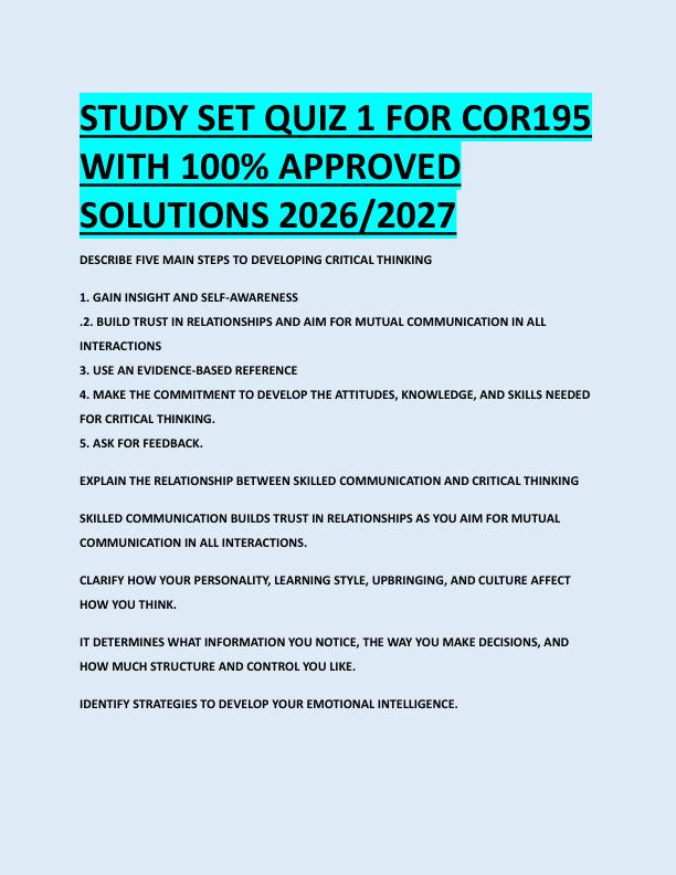 STUDY SET QUIZ 1 FOR COR195  WITH 100% APPROVED  SOLUTIONS 2026/2027