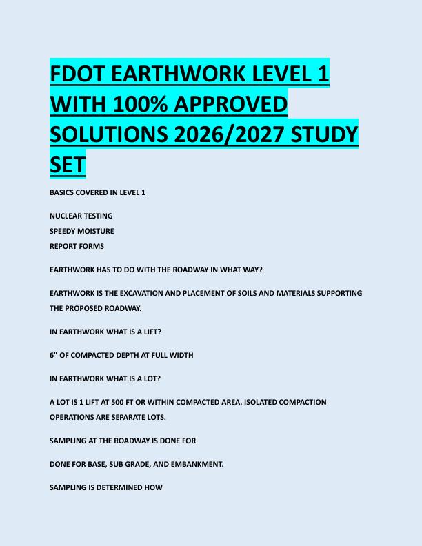 FDOT EARTHWORK LEVEL 1  WITH 100% APPROVED  SOLUTIONS 2026/2027 STUDY  SET 