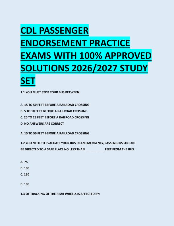 CDL PASSENGER  ENDORSEMENT PRACTICE  EXAMS WITH 100% APPROVED  SOLUTIONS 2026/2027 STUDY  SET
