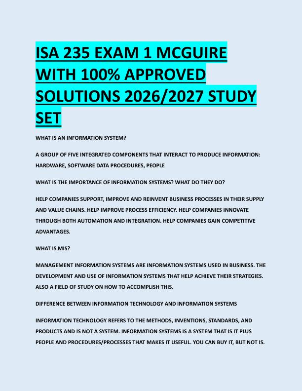 ISA 235 EXAM 1 MCGUIRE  WITH 100% APPROVED  SOLUTIONS 2026/2027 STUDY  SET 