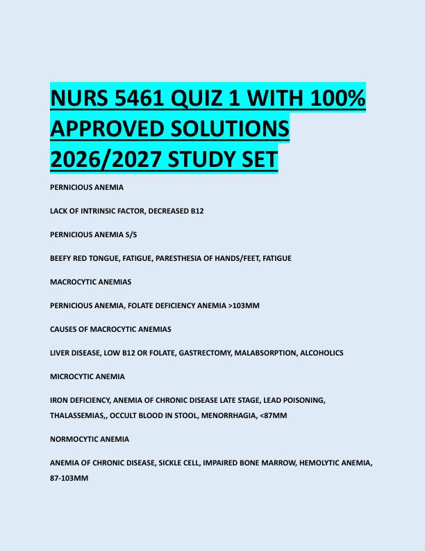 NURS 5461 QUIZ 1 WITH 100%  APPROVED SOLUTIONS  2026/2027 STUDY SET 