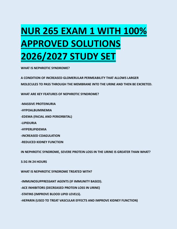 NUR 265 EXAM 1 WITH 100%  APPROVED SOLUTIONS  2026/2027 STUDY SET 
