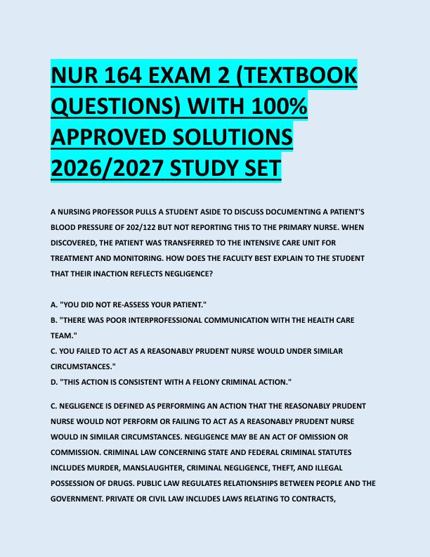 NUR 164 EXAM 2 (TEXTBOOK  QUESTIONS) WITH 100%  APPROVED SOLUTIONS  2026/2027 STUDY SET