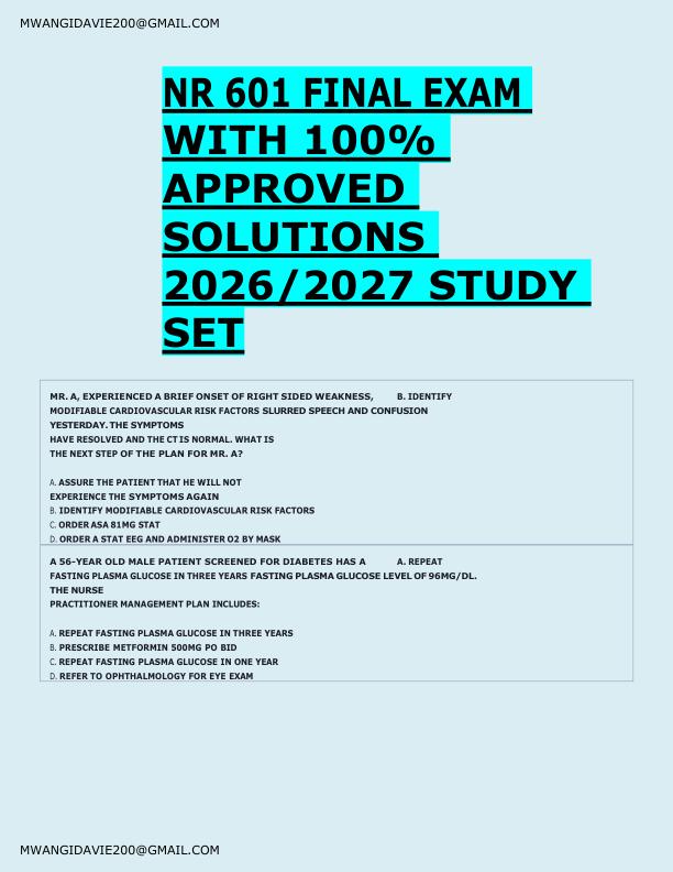 NR 601 FINAL EXAM  WITH 100%  APPROVED  SOLUTIONS  2026/2027 STUDY  SET