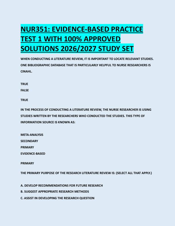 NUR351: EVIDENCE-BASED PRACTICE  TEST 1 WITH 100% APPROVED  SOLUTIONS 2026/2027 STUDY SET NUR351: EVIDENCE-BASED PRACTICE  TEST 1 WITH 100% APPROVED  SOLUTIONS 2026/2027 STUDY SET 