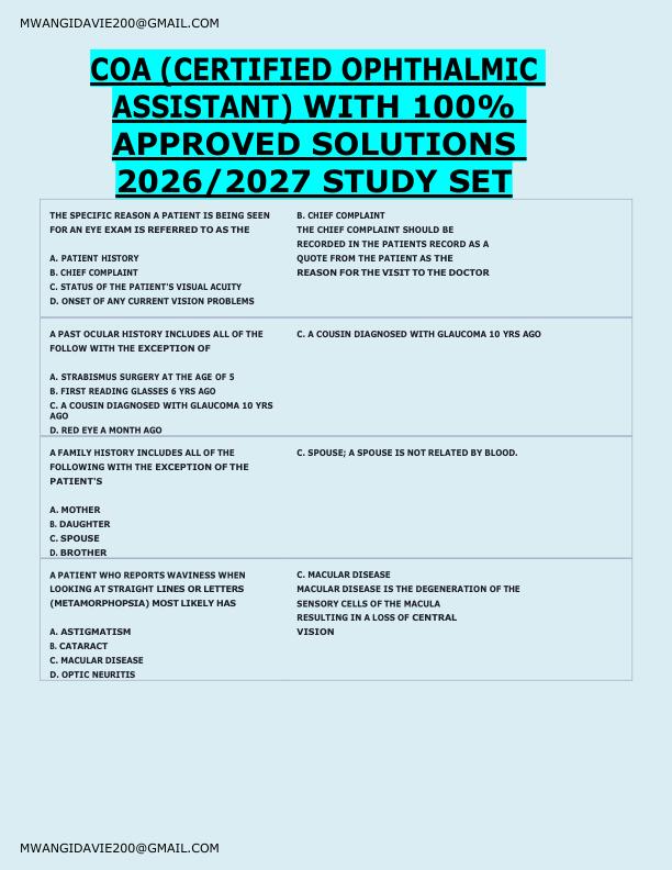 COA (CERTIFIED OPHTHALMIC  ASSISTANT) WITH 100%  APPROVED SOLUTIONS  2026/2027 STUDY SET