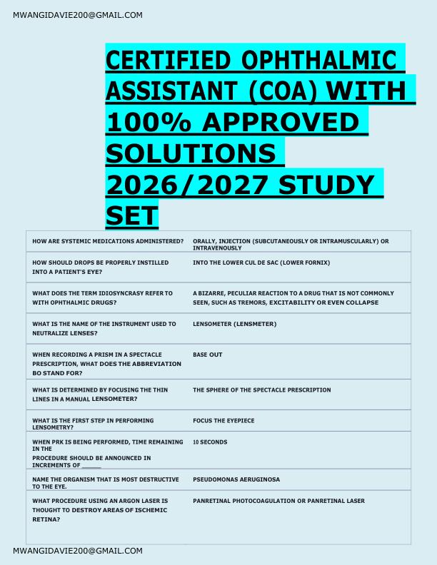 CERTIFIED OPHTHALMIC  ASSISTANT (COA) WITH  100% APPROVED  SOLUTIONS  2026/2027 STUDY  SET 