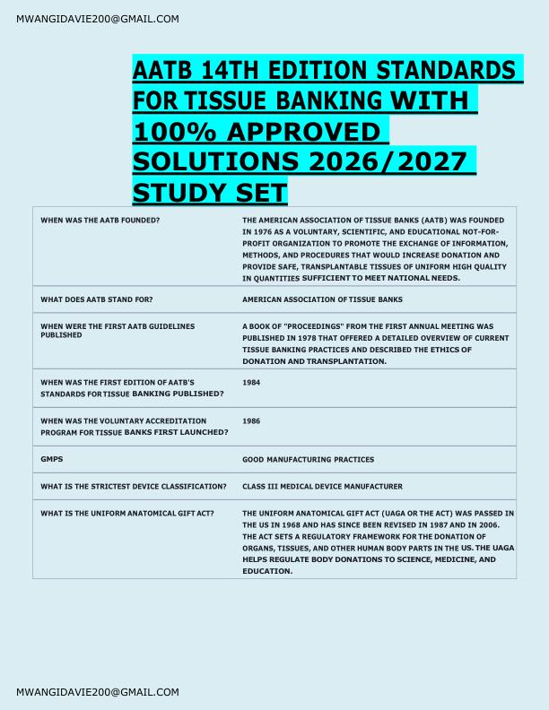 AATB 14TH EDITION STANDARDS  FOR TISSUE BANKING WITH  100% APPROVED  SOLUTIONS 2026/2027  STUDY SET 