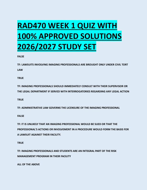 RAD470 WEEK 1 QUIZ WITH  100% APPROVED SOLUTIONS  2026/2027 STUDY SET 