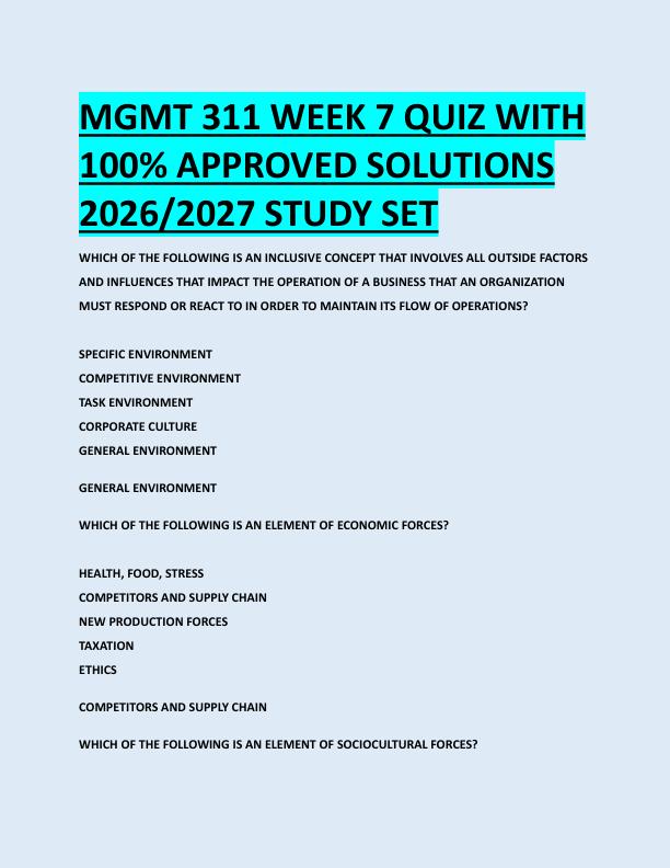 MGMT 311 WEEK 7 QUIZ WITH  100% APPROVED SOLUTIONS  2026/2027 STUDY SET 