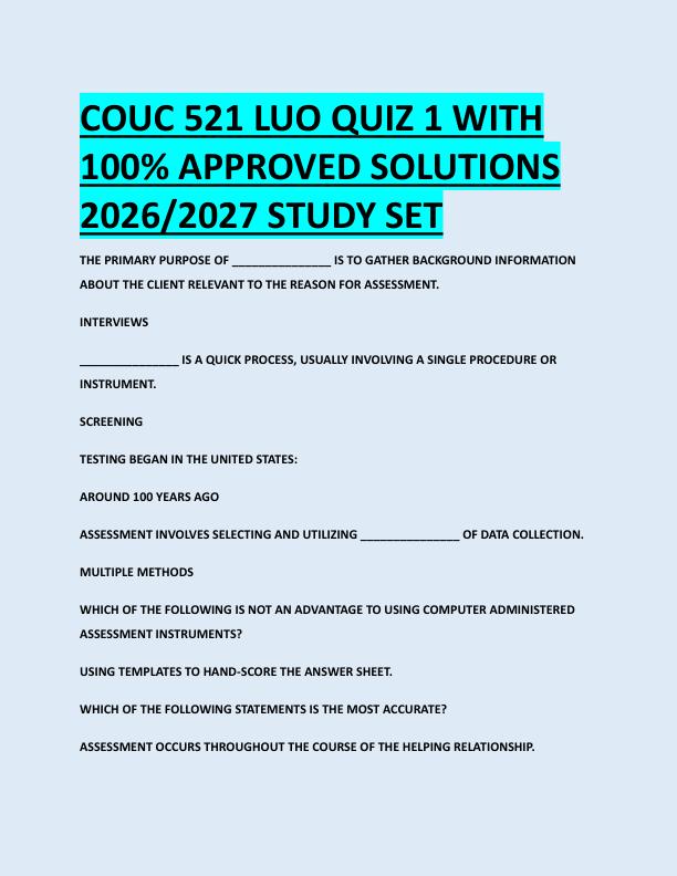COUC 521 LUO QUIZ 1 WITH  100% APPROVED SOLUTIONS  2026/2027 STUDY SET