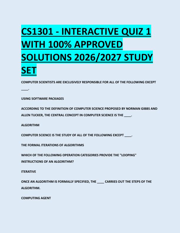 CS1301 - INTERACTIVE QUIZ 1  WITH 100% APPROVED  SOLUTIONS 2026/2027 STUDY  SETCS1301 - INTERACTIVE QUIZ 1  WITH 100% APPROVED  SOLUTIONS 2026/2027 STUDY  SET