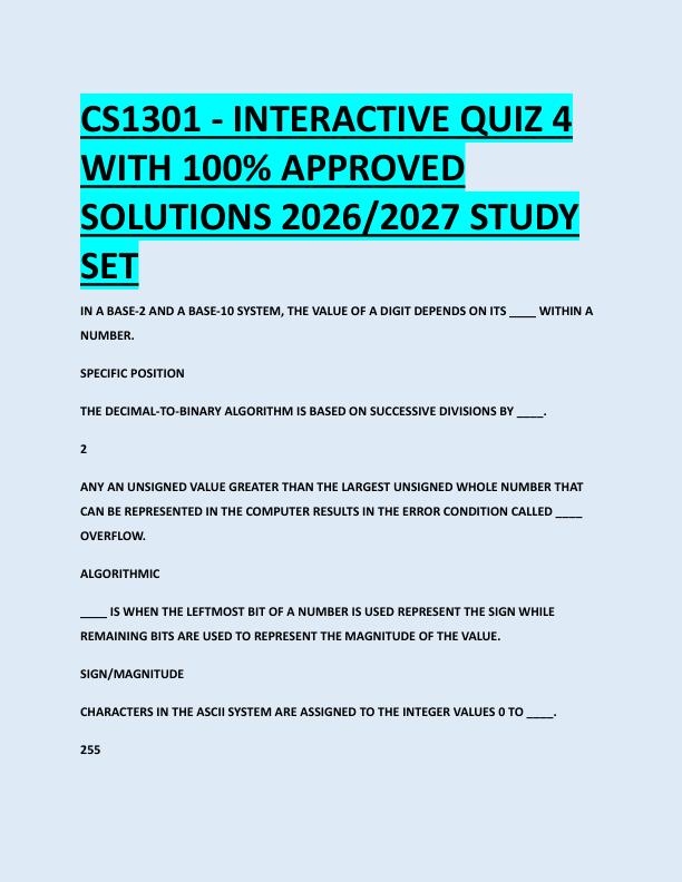 CS1301 - INTERACTIVE QUIZ 4  WITH 100% APPROVED  SOLUTIONS 2026/2027 STUDY  SET CS1301 - INTERACTIVE QUIZ 4  WITH 100% APPROVED  SOLUTIONS 2026/2027 STUDY  SET 