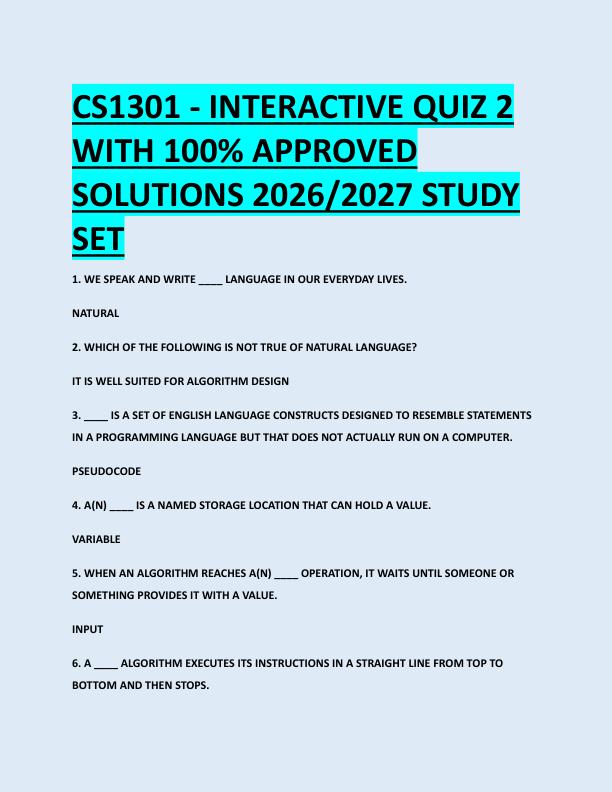 CS1301 - INTERACTIVE QUIZ 2  WITH 100% APPROVED  SOLUTIONS 2026/2027 STUDY  SET 