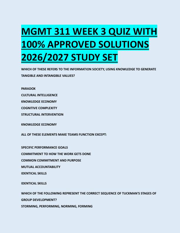 MGMT 311 WEEK 3 QUIZ WITH  100% APPROVED SOLUTIONS  2026/2027 STUDY SET 
